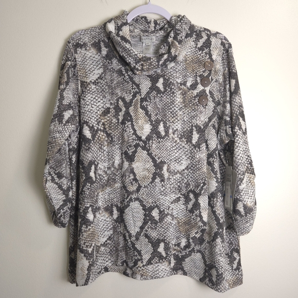 Multiples Tops - MULTIPLES Snakeskin Print Artsy 3/4 Shirring Sleeve Lightweight Tunic XLp